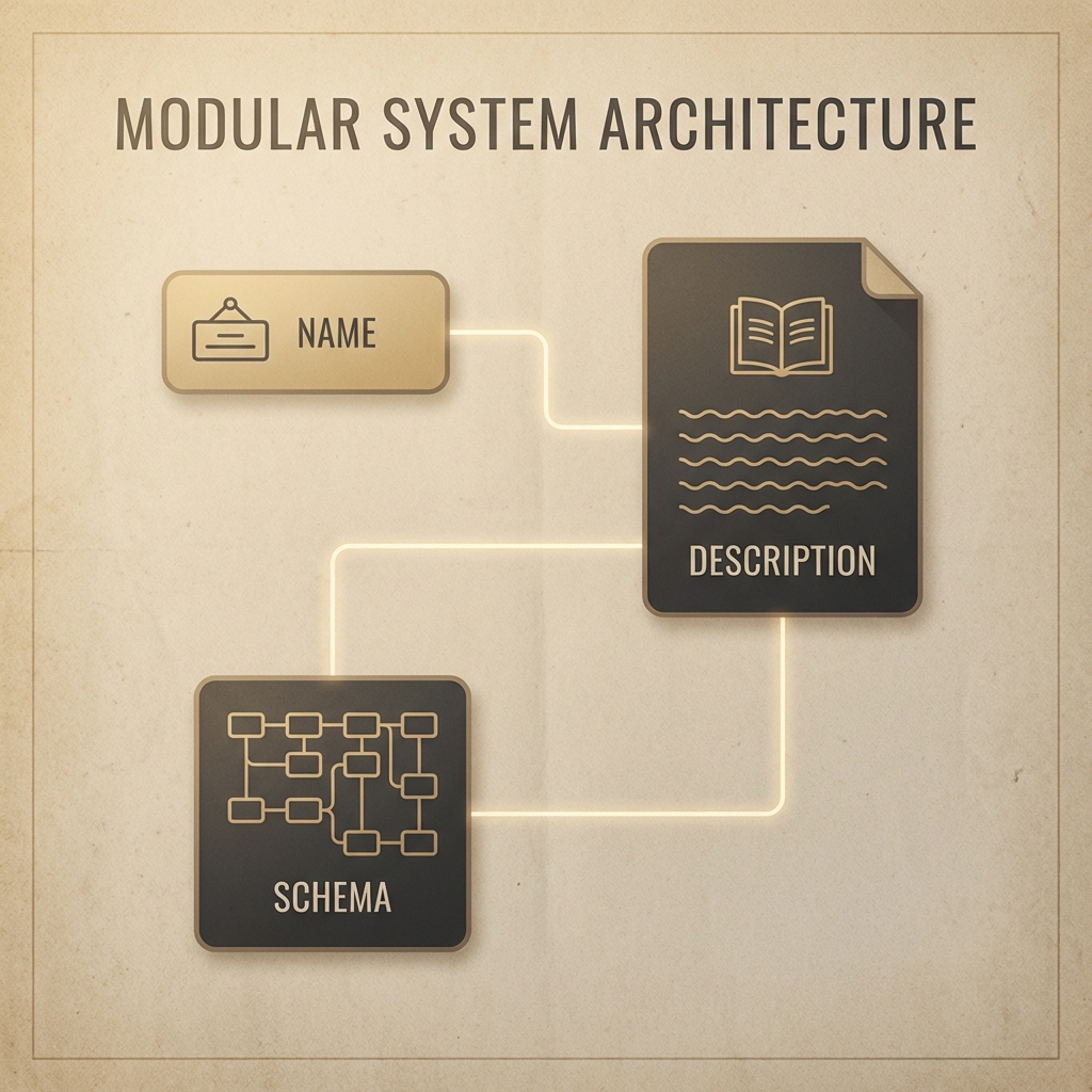 The three components of a tool specification: Name, Description, and Schema
